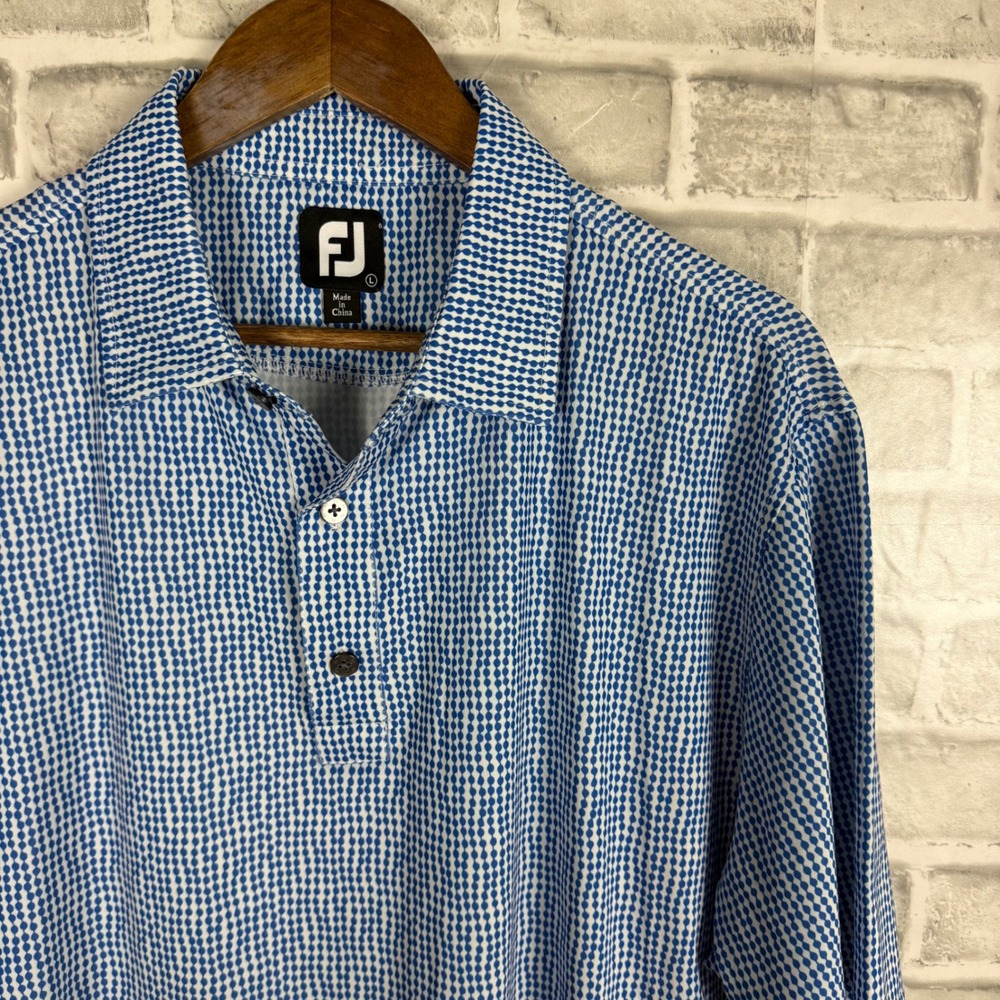 FootJoy FJ Mens Blue White Geometric Diamond AOP Print Golf Polo Shirt Large